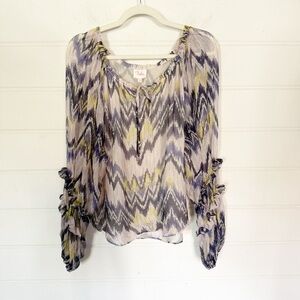 EUC Parker Silk Lurex Chevron Print Tie-Neck Long Ruffled Sleeve Boho Blouse S